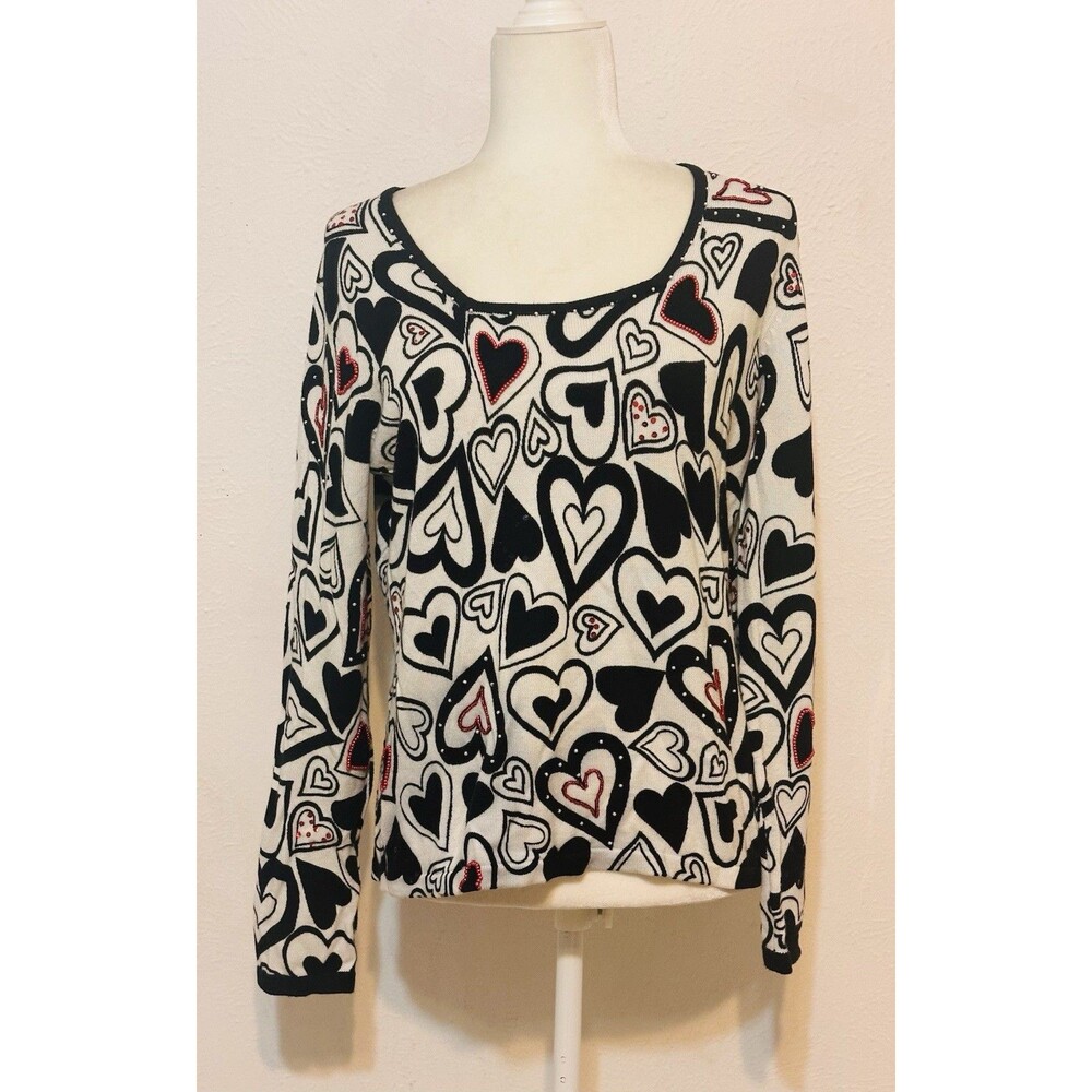 Berek Women Size M Black & White Heart Print Sweater Embellished
